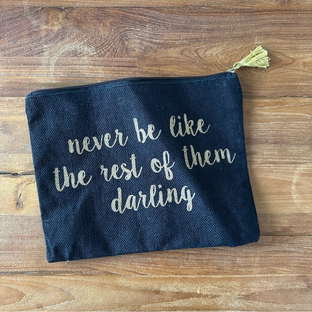 Mud Pie Black Jute Zip Pouch Carryall Quote Tassel Cosmetic Makeup Case Darling